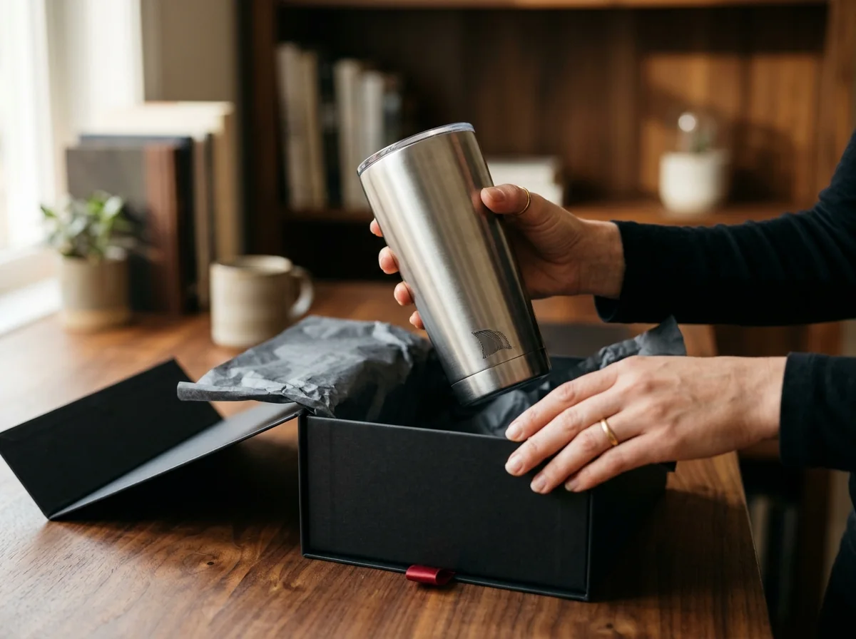 Recipient lifting a branded stainless tumbler from a premium gift box at a wood desk