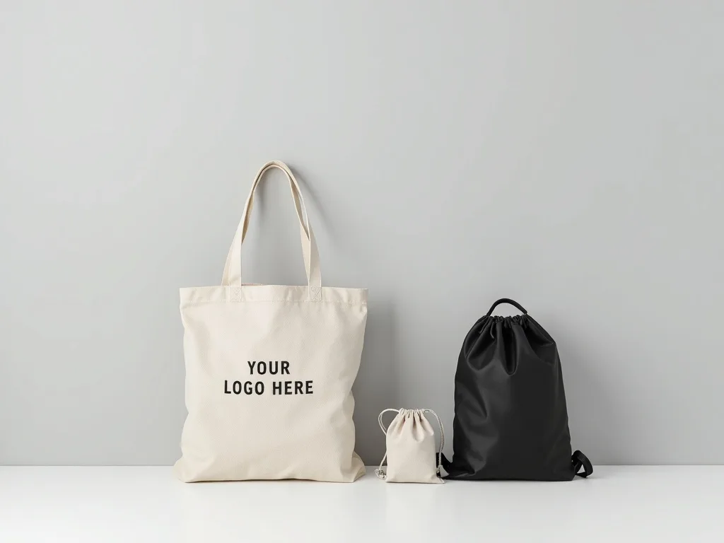 Canvas tote, drawstring bag, and backpack with YOUR LOGO HERE screen-printed on the tote