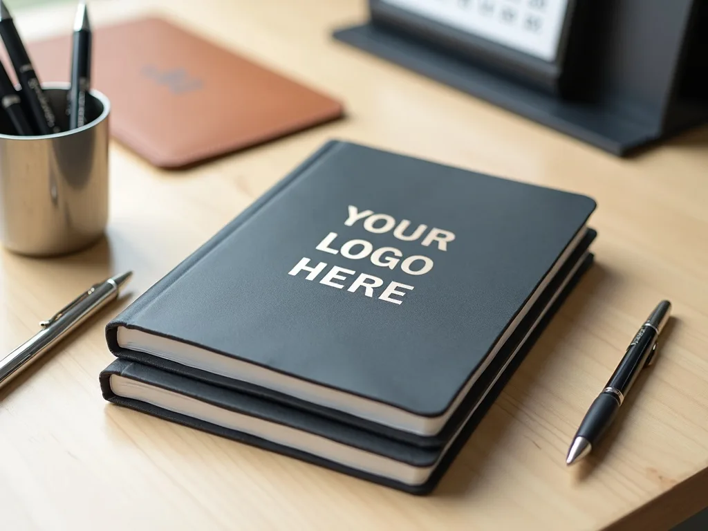 Branded notebooks, pens, and metal pencil cup with YOUR LOGO HERE on notebook cover