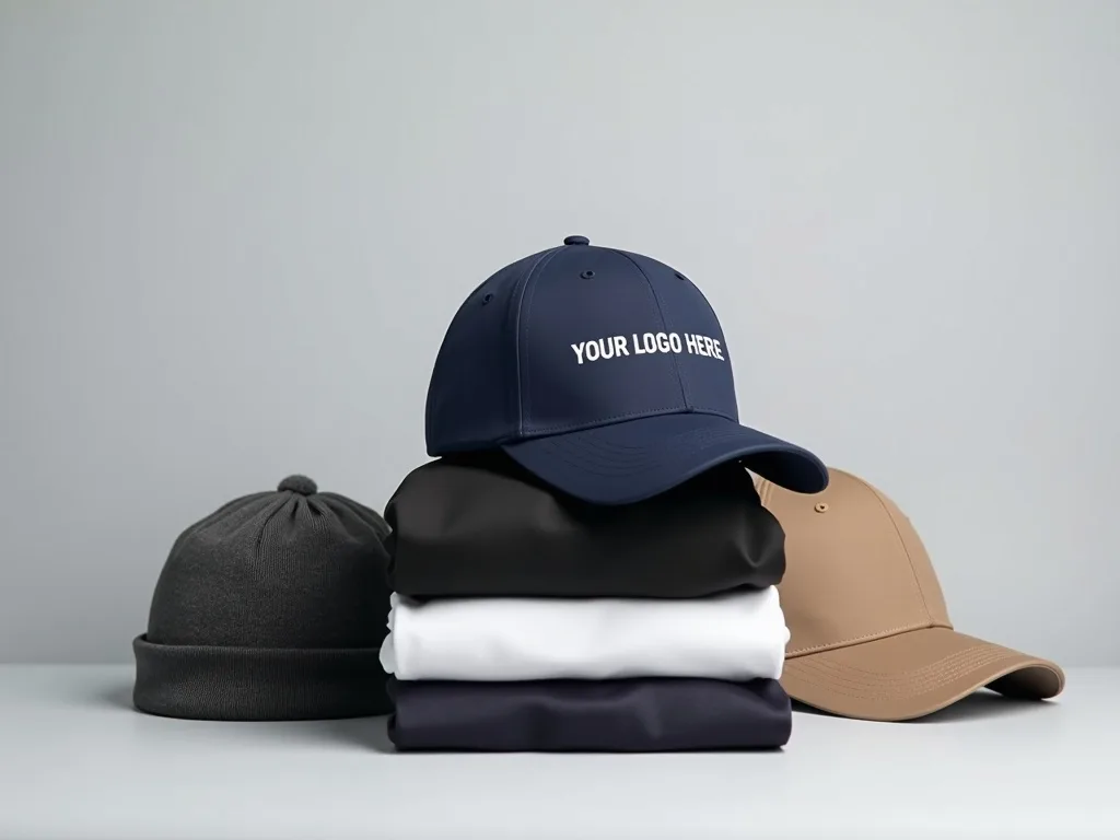 Stack of baseball caps and beanies with YOUR LOGO HERE embroidered on the top cap