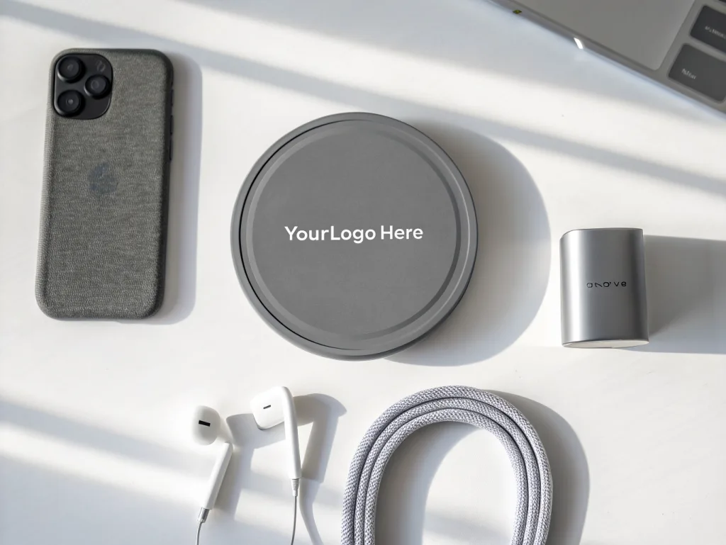 Wireless charger, power bank, speaker, and earbuds case with YOUR LOGO HERE on charger