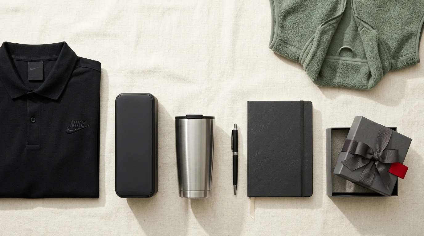 Premium retail-brand promotional merchandise — branded polo, tumbler, speaker, pen, and gift box